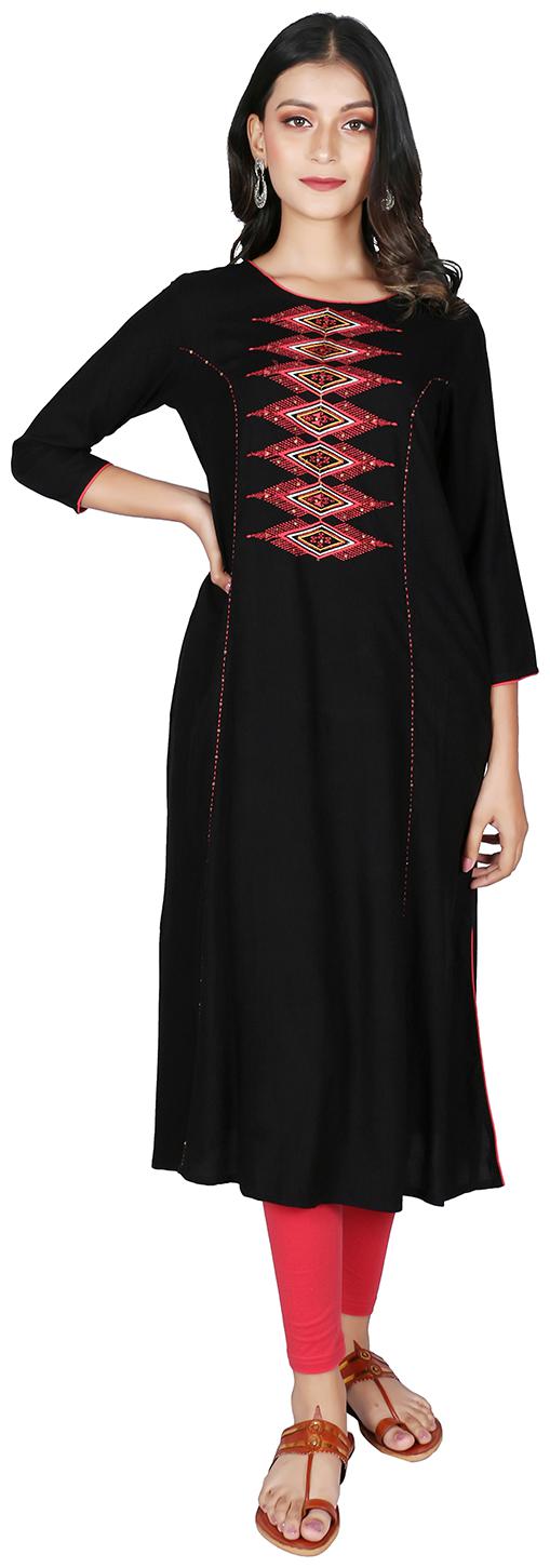 

FABGLOBAL Women Black Embroidered Straight Kurta