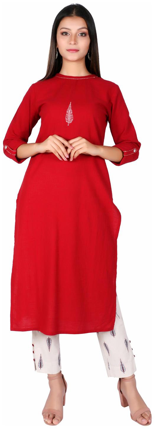 

Fabglobal Women Red Embroidered Cotton Kurta with White Pant