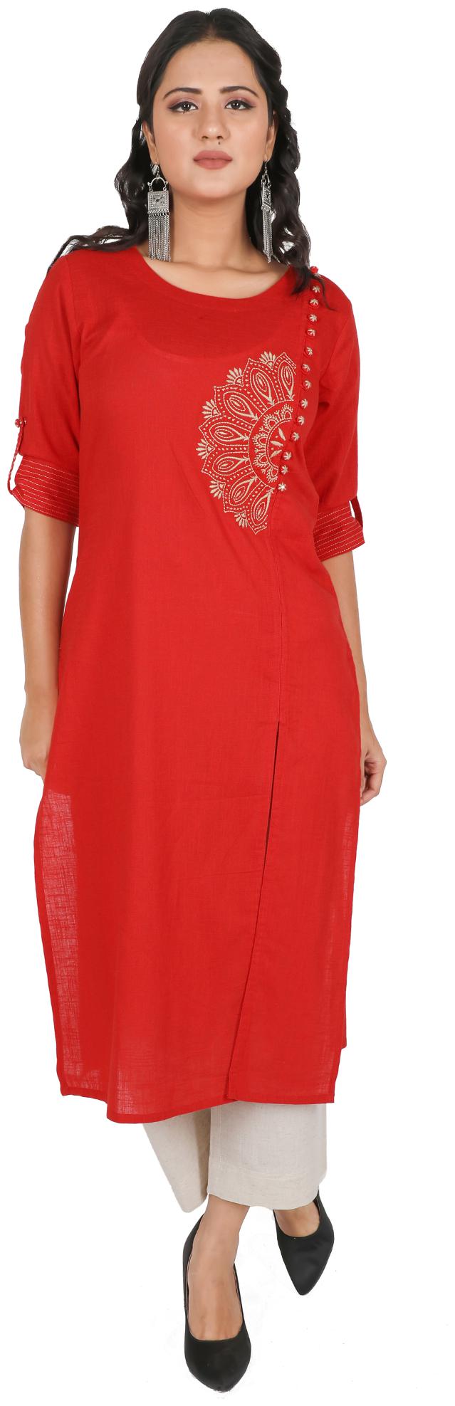 

FABGLOBAL Women Red Embroidered Straight Kurta