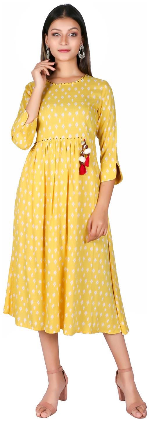 

Fabglobal Women Golden Yellow Printed Rayon Slub kurti