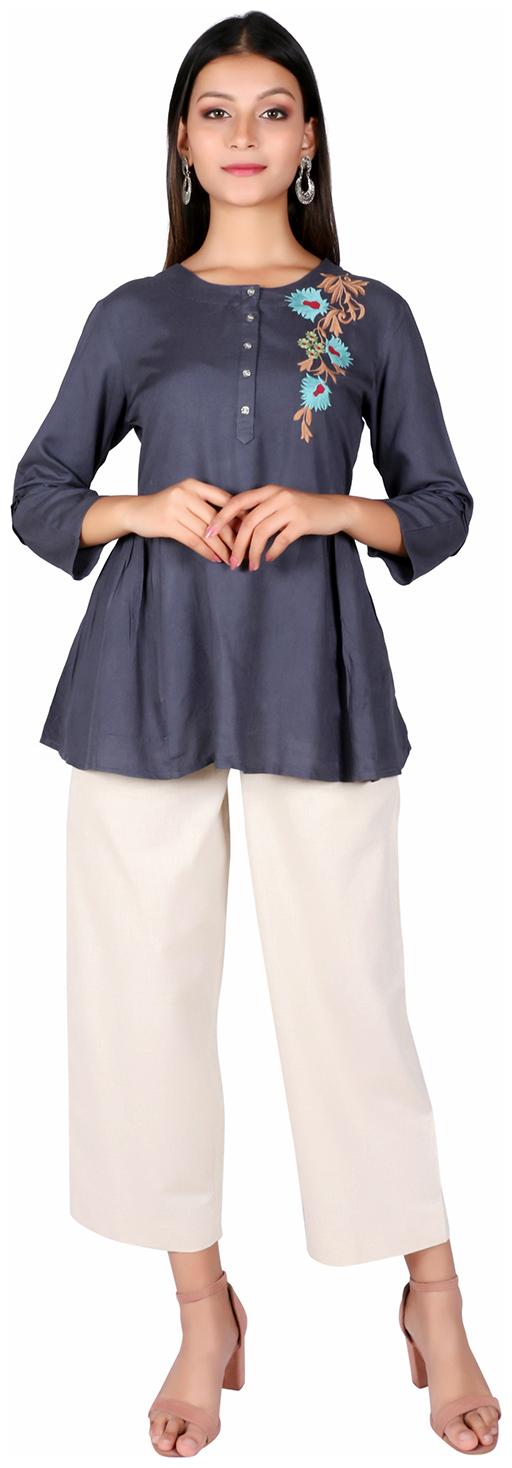 

FABGLOBAL Women Embroidered Fusion top - Grey