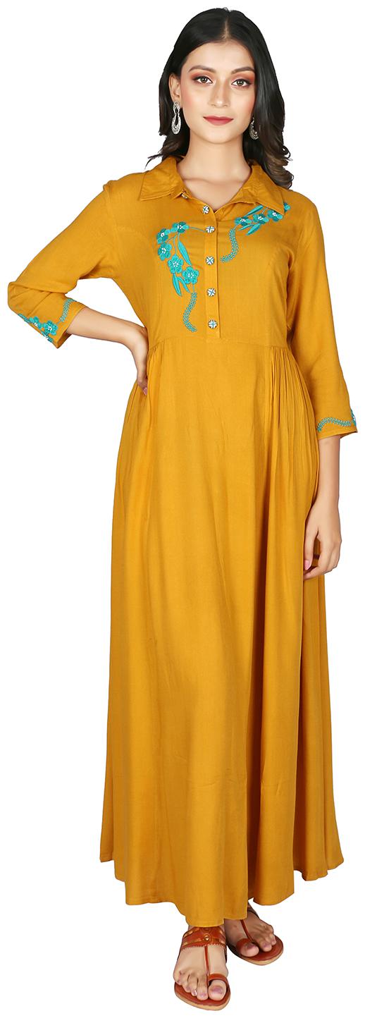 

FABGLOBAL Mustard Embroidered A-line dress