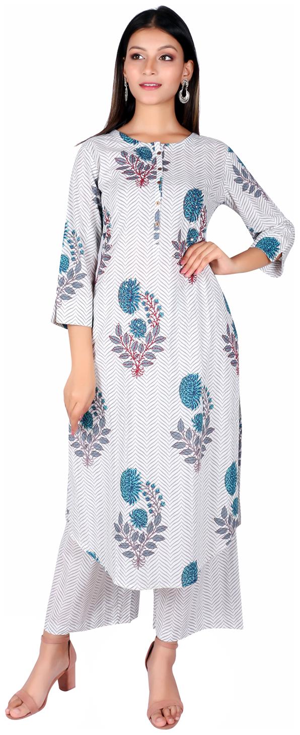 

Fabglobal Women White Floral Cotton Kurta with palazzo