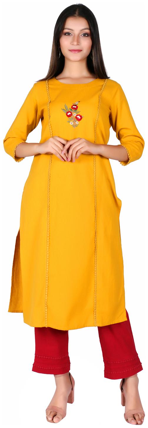 

Fabglobal Women Mustard Embroidered Cotton Kurta with Red Pants