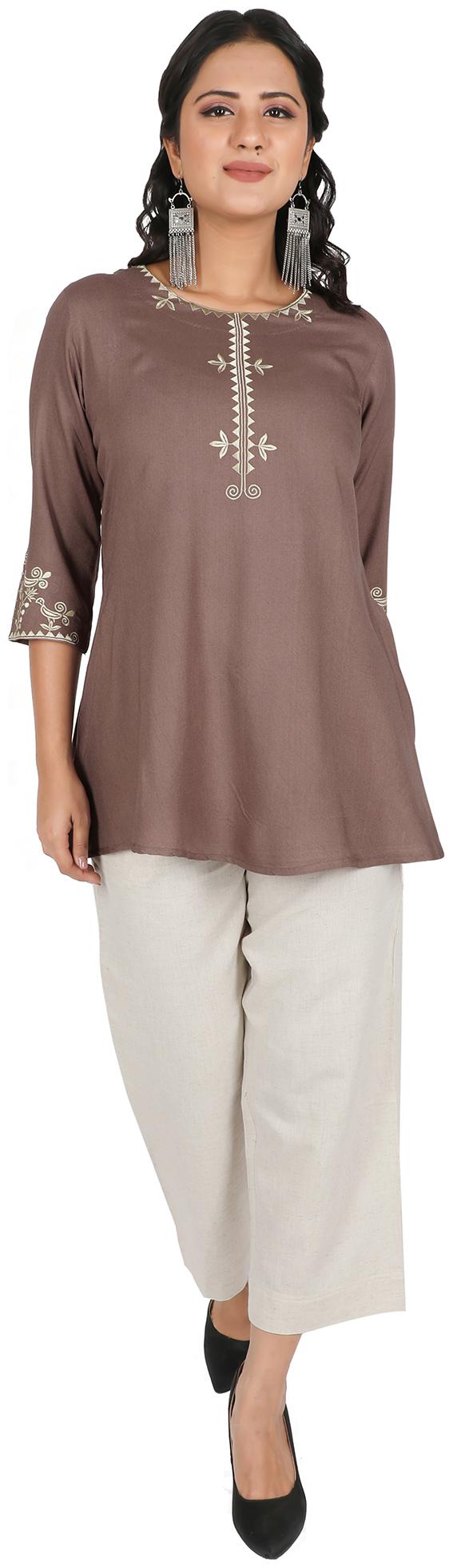 

FABGLOBAL Women Embroidered A-line top - Grey