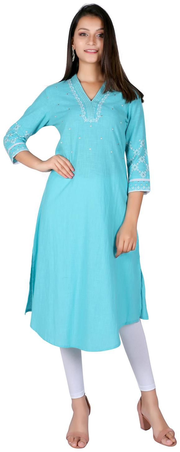 

Fabglobal Women Blue Embroidered Cotton Kurta