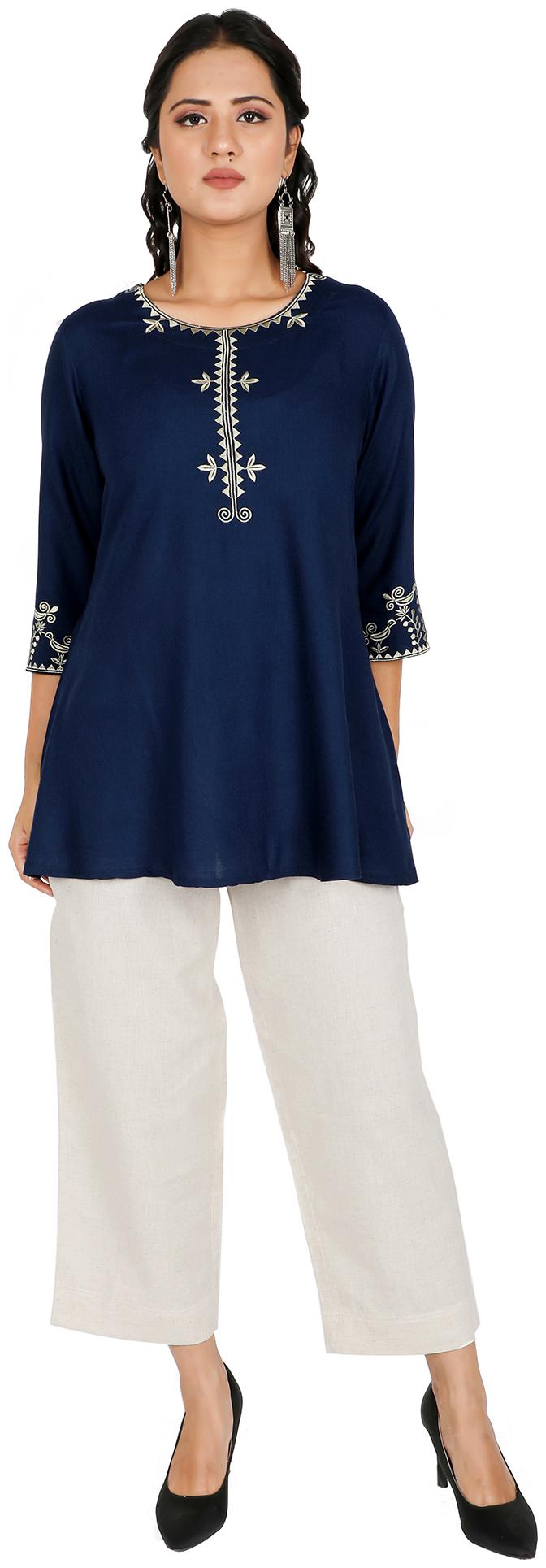 

FABGLOBAL Women Embroidered A-line top - Blue