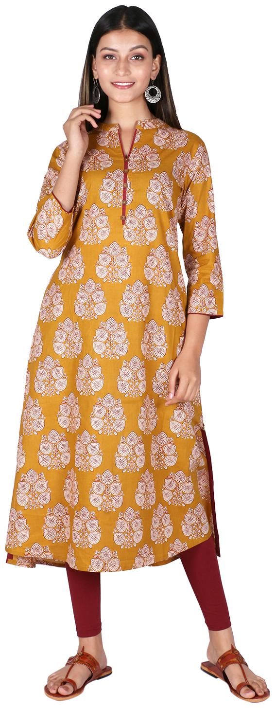 

FABGLOBAL Women Cotton Printed Kurta Yellow