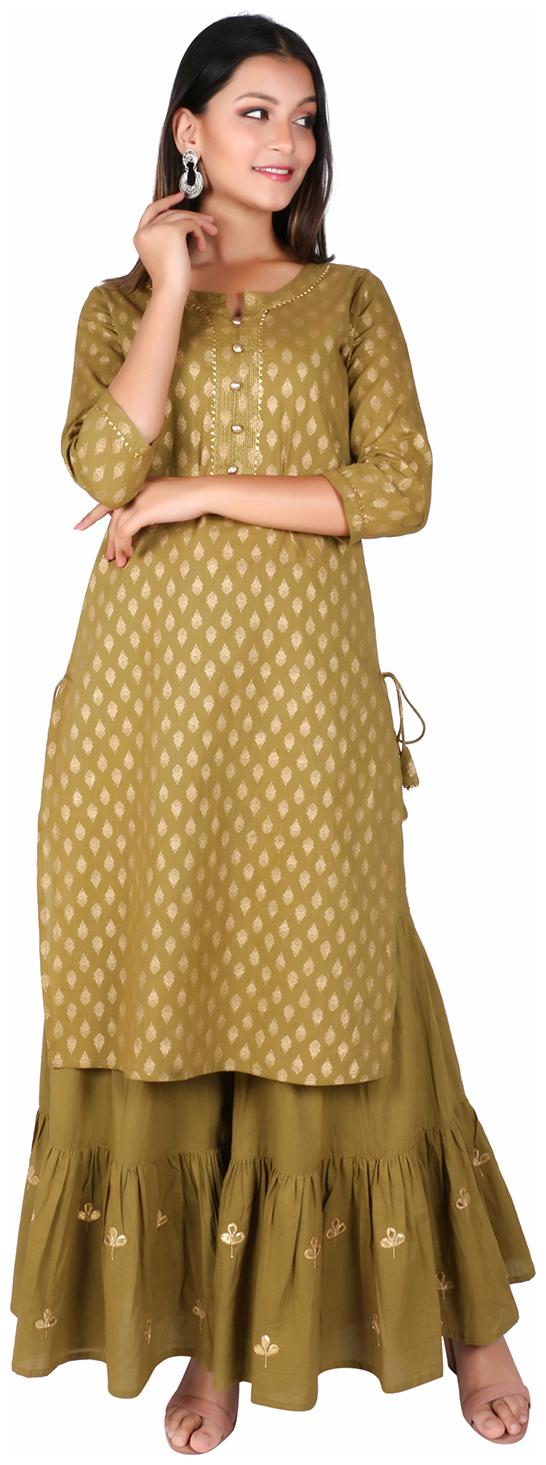 

FABGLOBAL Women Green Printed Straight Kurta With Sharara