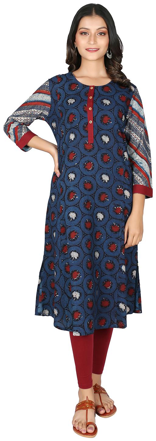 

FABGLOBAL Women Cotton Printed Kurta Blue
