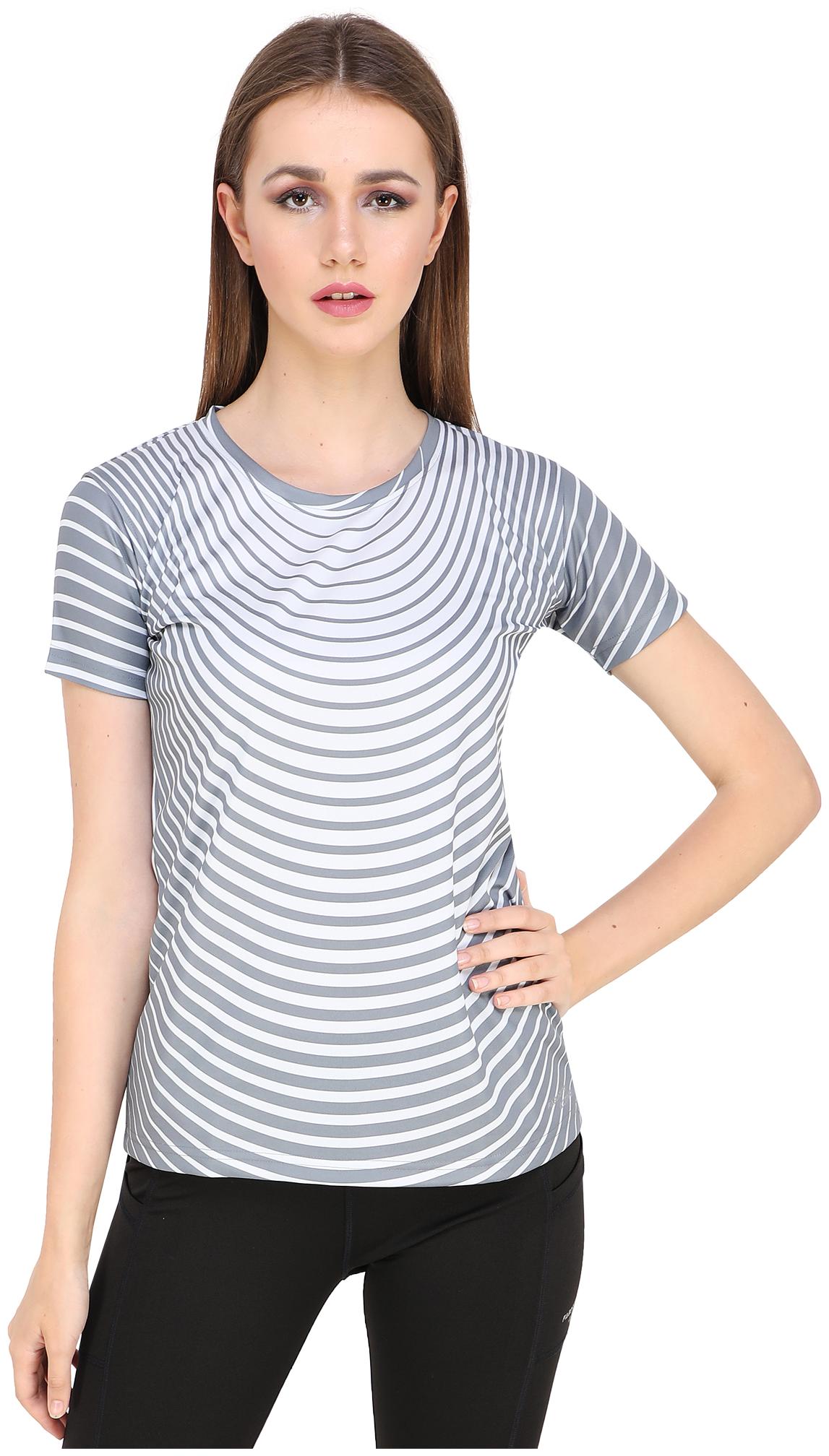

FABORITO Women Striped Sports T-Shirt - Grey White