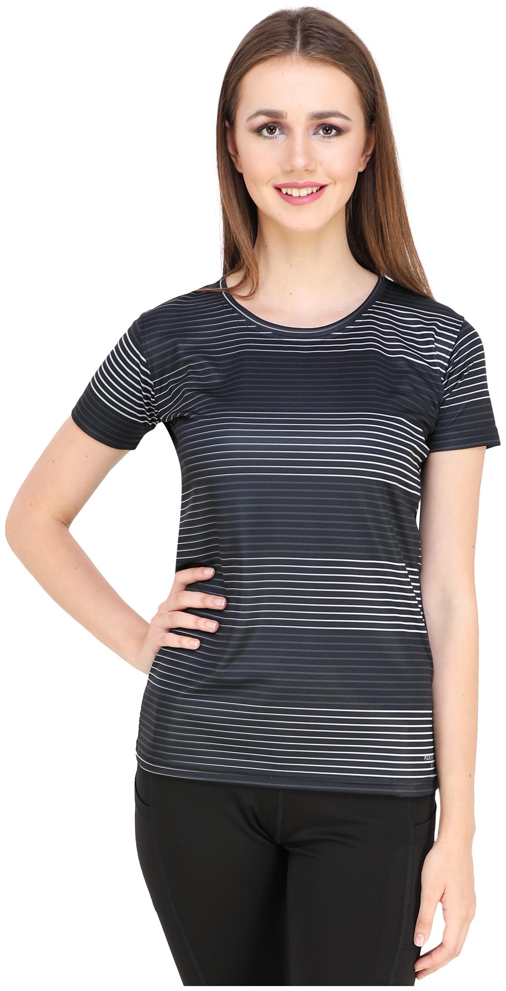 

FABORITO Women Striped Sports T-Shirt - Black