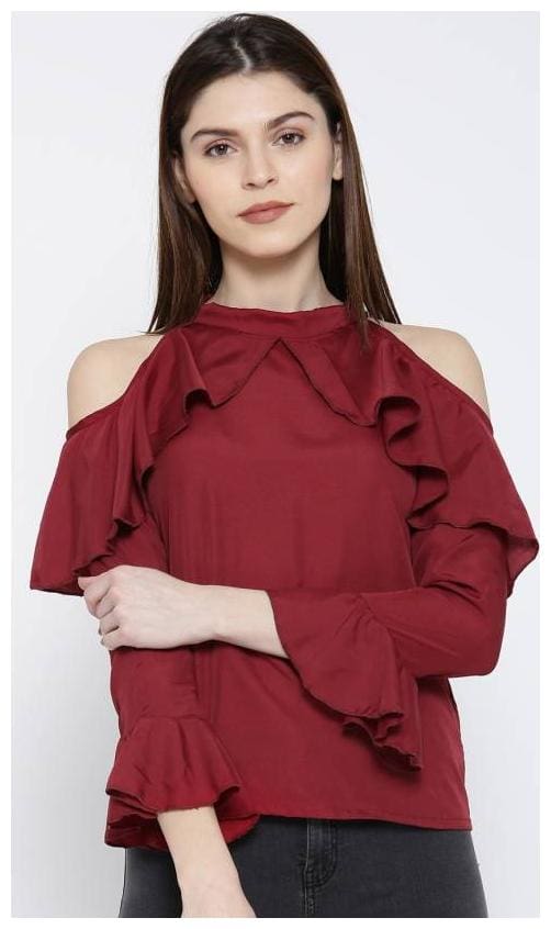 FABRANGE Women Solid Blouson top - Maroon