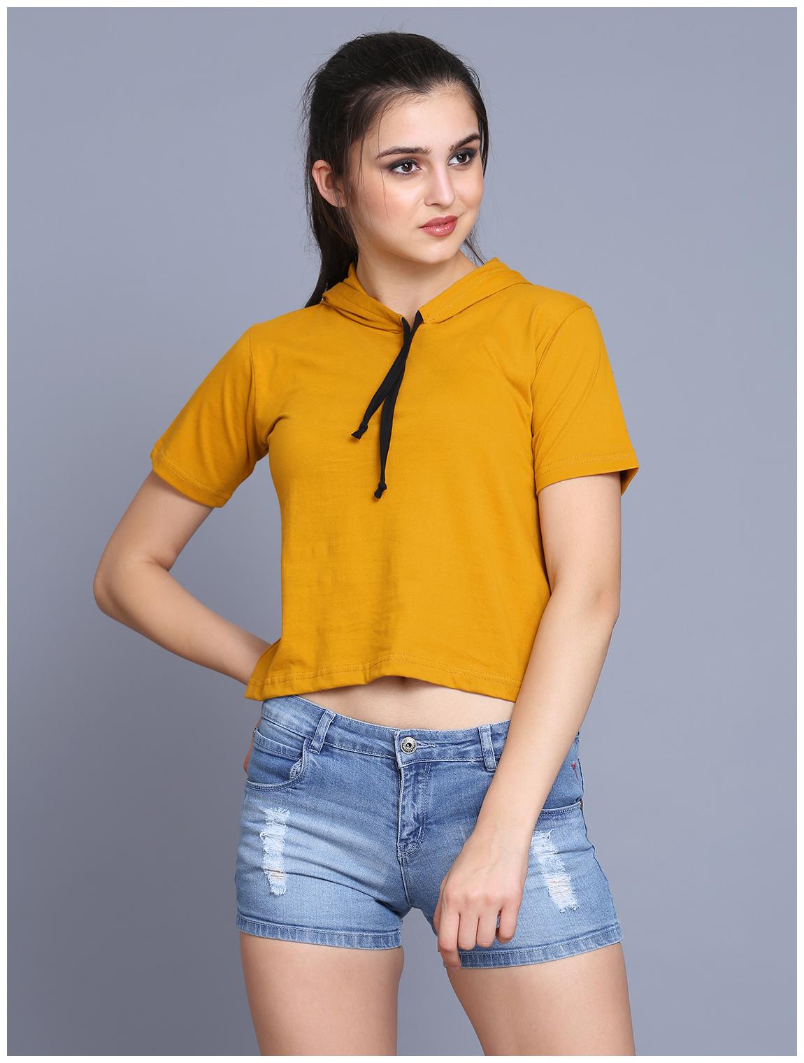 

fabstone collection Women Yellow Regular fit Hooded Cotton T shirt