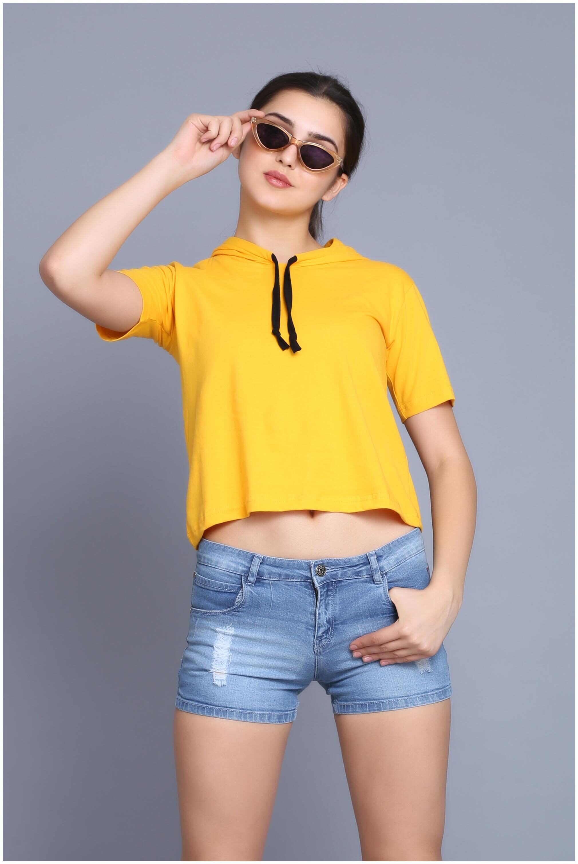 

fabstone collection Women Yellow Regular fit Hooded Cotton T shirt