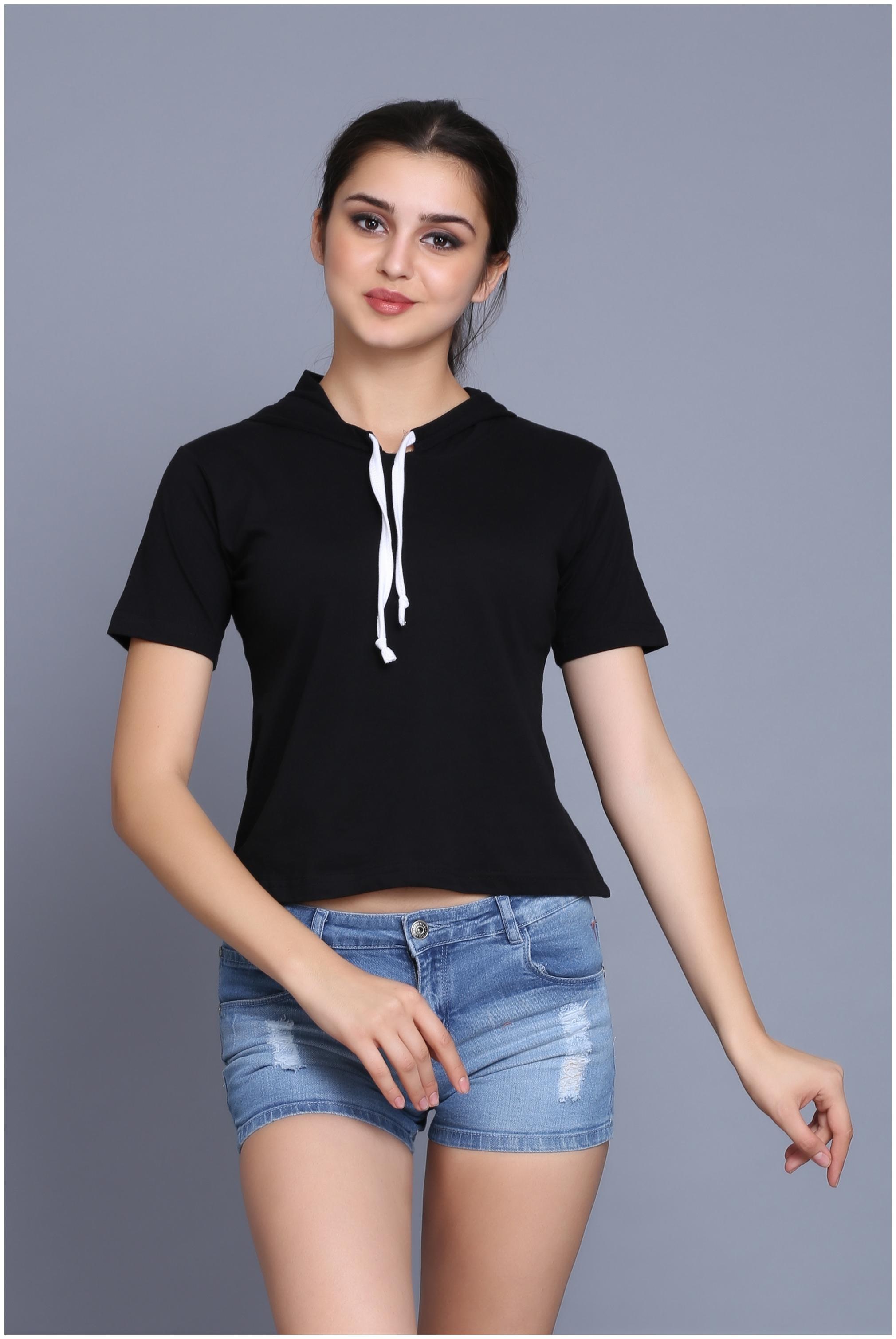 

fabstone collection Women Black Regular fit Hooded Cotton T shirt