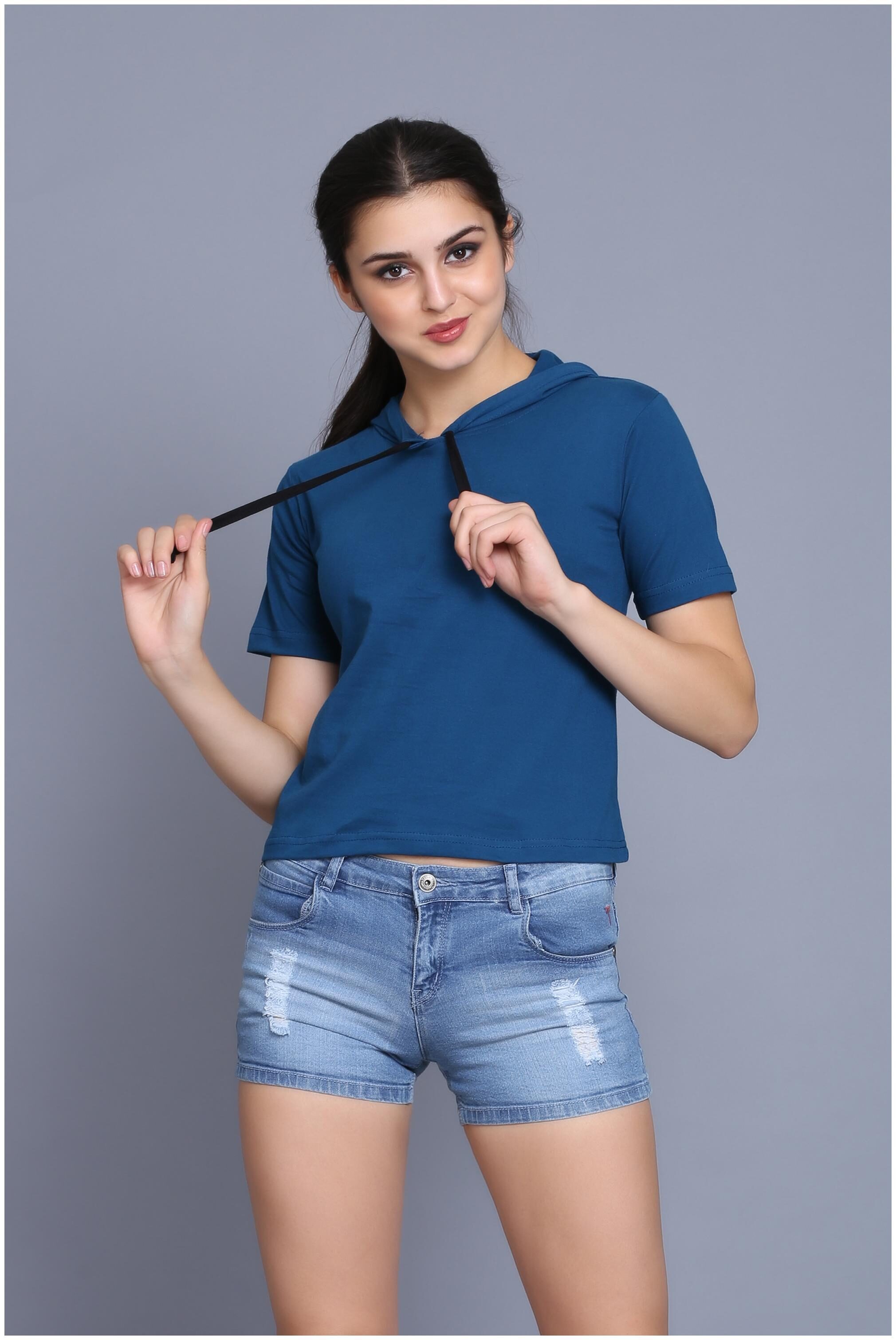 

fabstone collection Women Blue Regular fit Hooded Cotton T shirt
