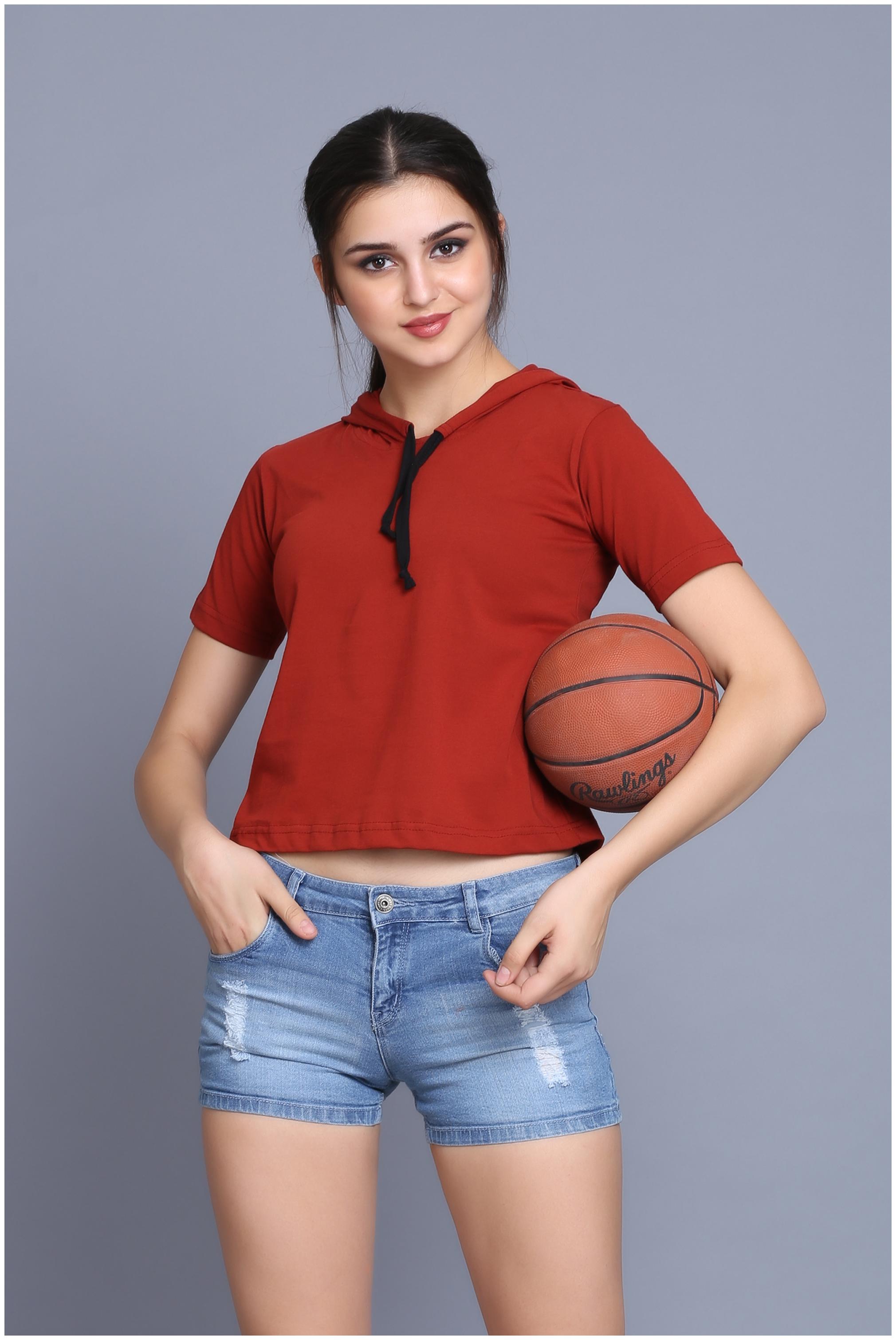 

fabstone collection Women Maroon Regular fit Hooded Cotton T shirt