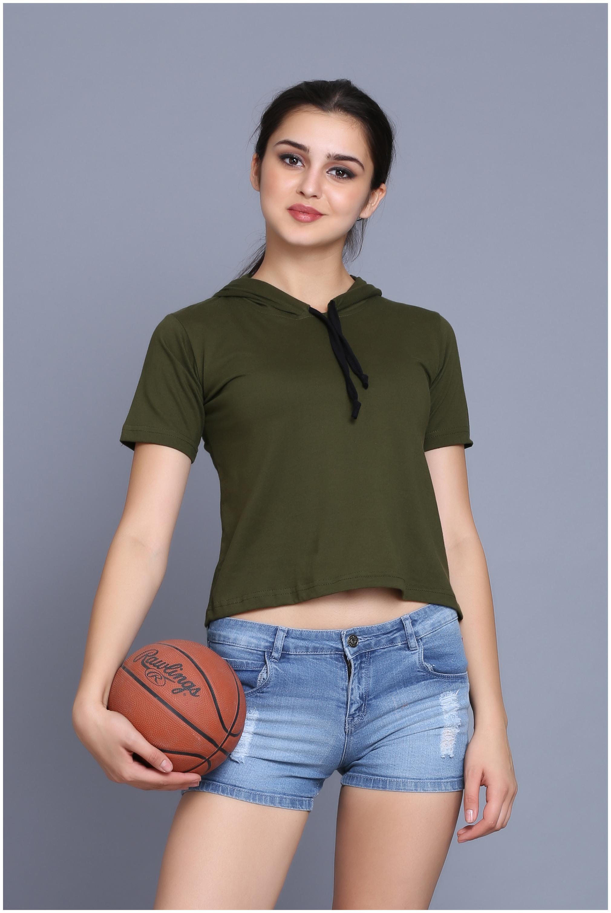 

fabstone collection Women Green Regular fit Hooded Cotton T shirt
