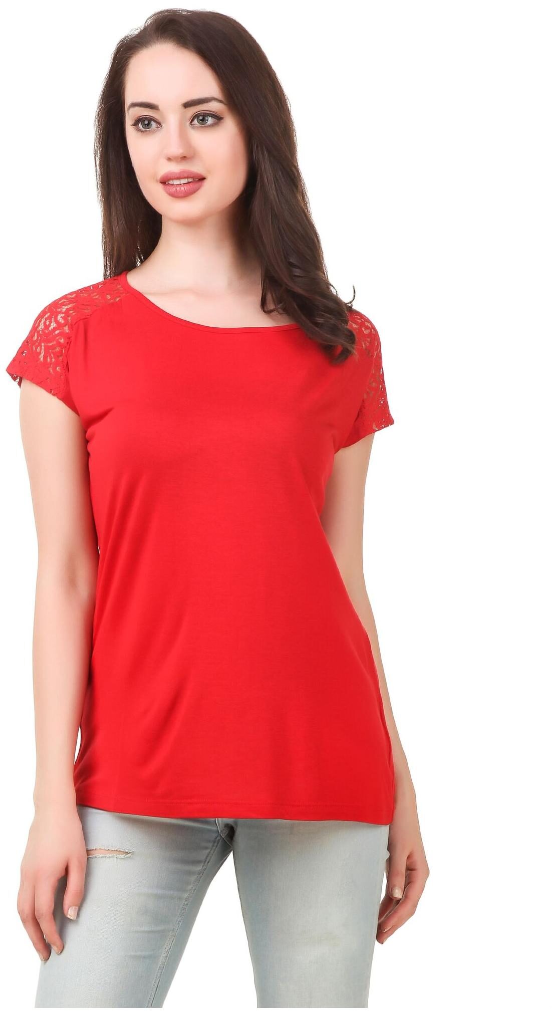 

Fairiano Women Short Sleeve Solid Red Net Top