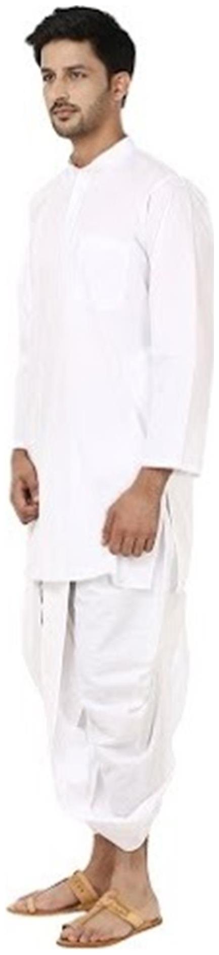 

FANZI White Solid Kurta Lace Border Dhoti Pant Set For Men