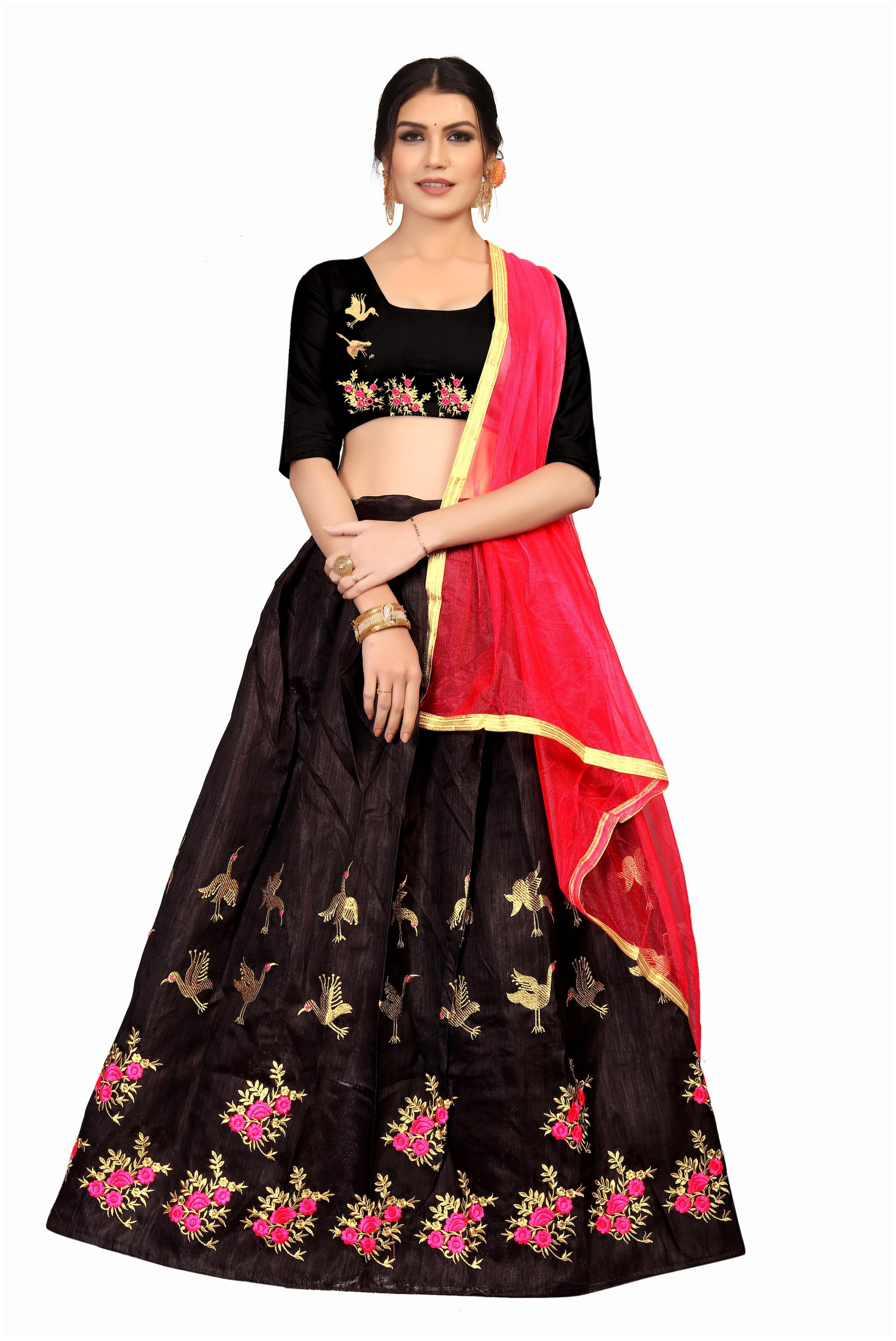 

Fashion Reloader Women Silk Satin Lehenga Choli Black