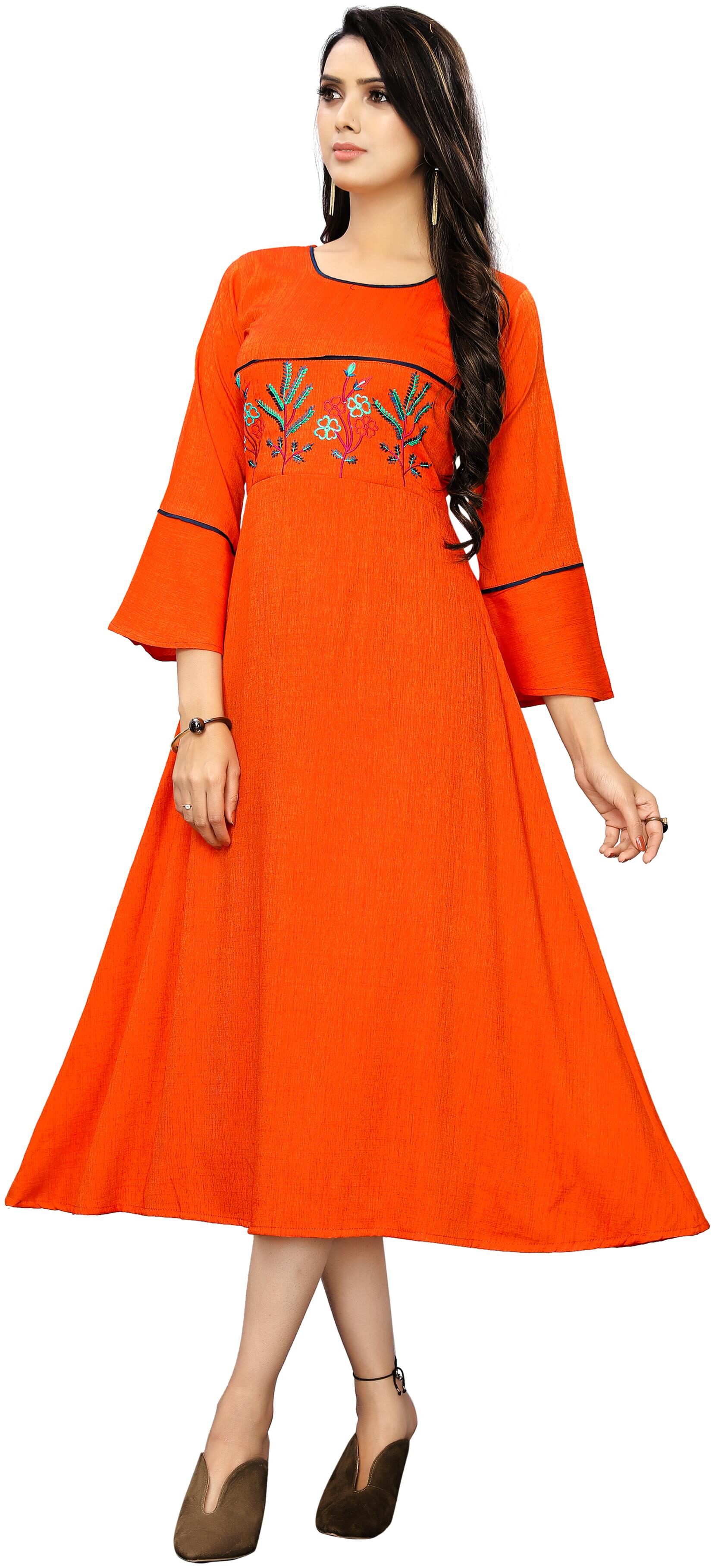 

Fashion Reloader Women Rayon Embroidered Kurti Dress Orange