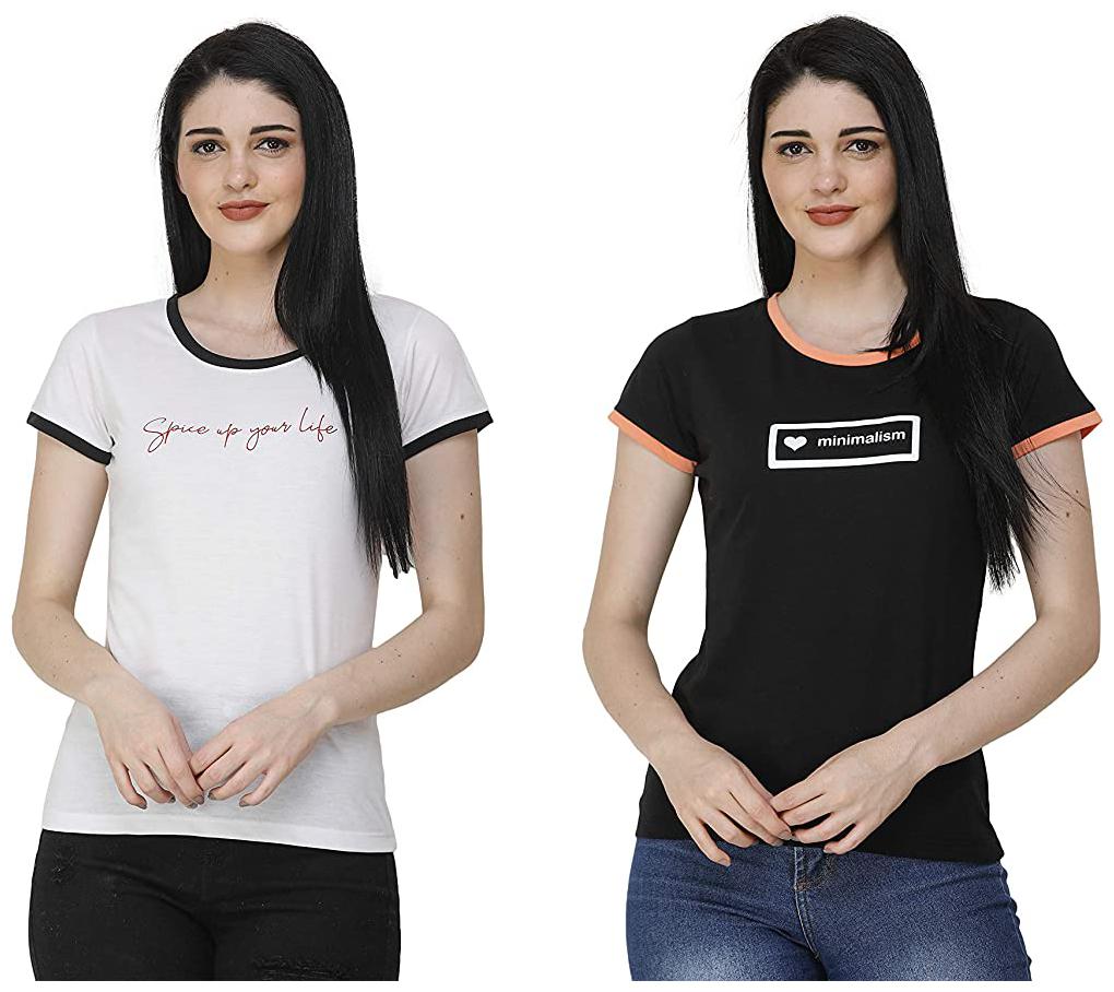 

FASHIVO Women White Black Regular fit Round neck Cotton blend T shirt