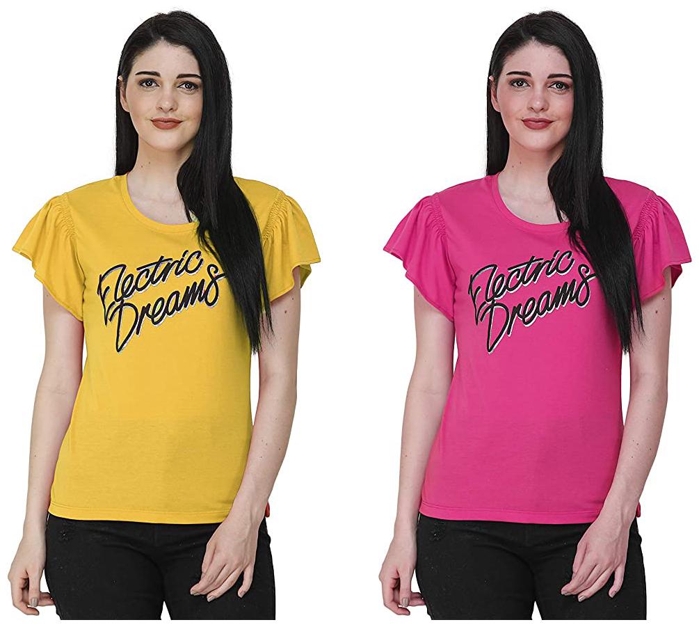 

FASHIVO Women Yellow Pink Regular fit Round neck Cotton blend T shirt