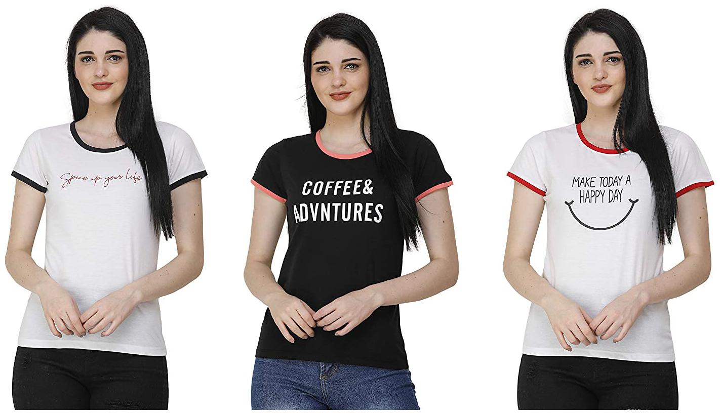 

FASHIVO Women Black White Regular fit Round neck Cotton blend T shirt