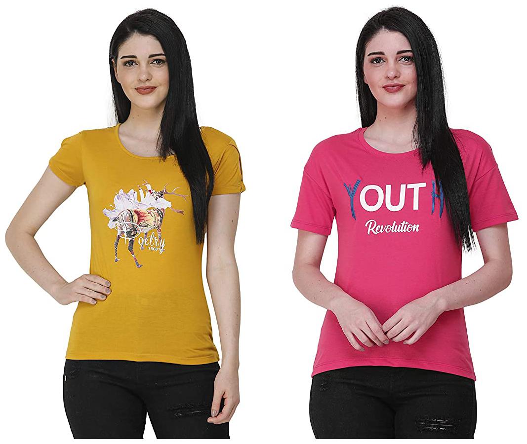 

FASHIVO Women Yellow Pink Regular fit Round neck Cotton blend T shirt