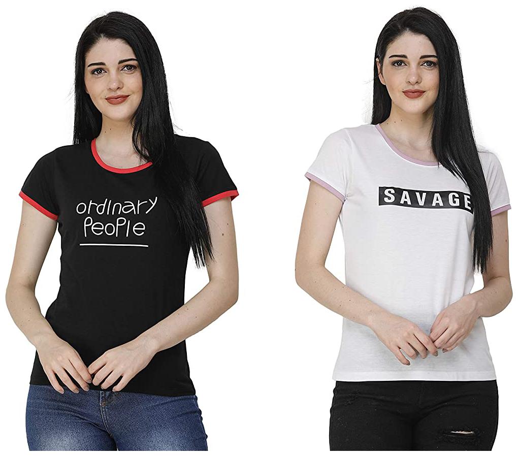 

FASHIVO Women Black White Regular fit Round neck Cotton blend T shirt