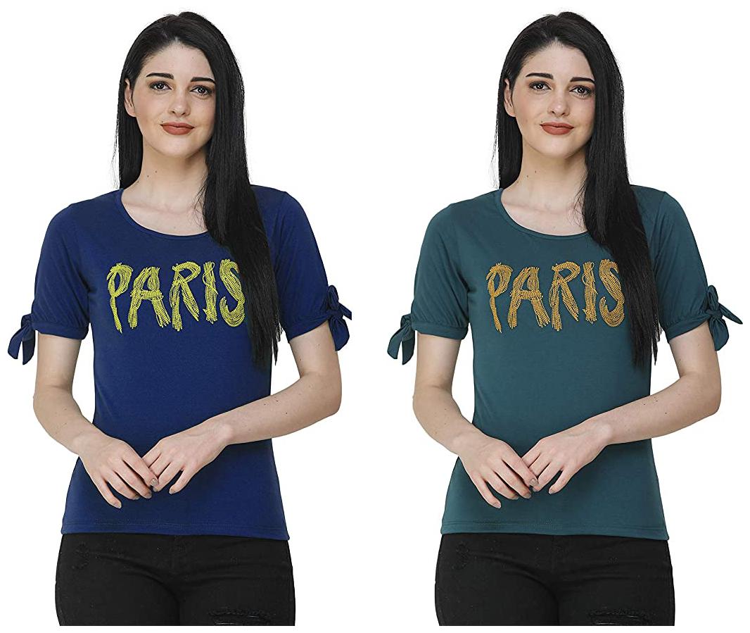 

FASHIVO Women Blue Green Regular fit Round neck Cotton blend T shirt
