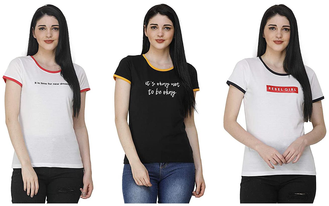 

FASHIVO Women White Black Regular fit Round neck Cotton blend T shirt