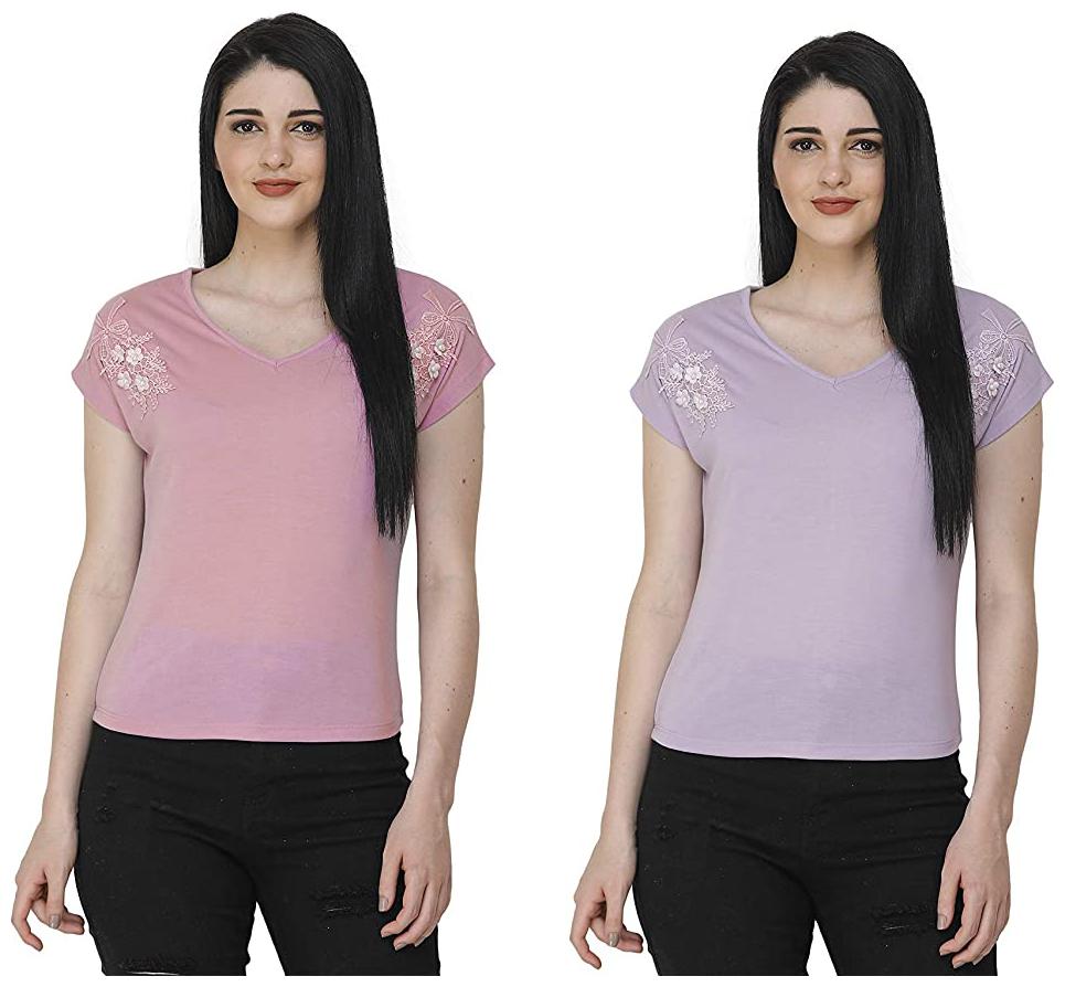 

FASHIVO Women Multi Regular fit V neck Cotton blend T shirt
