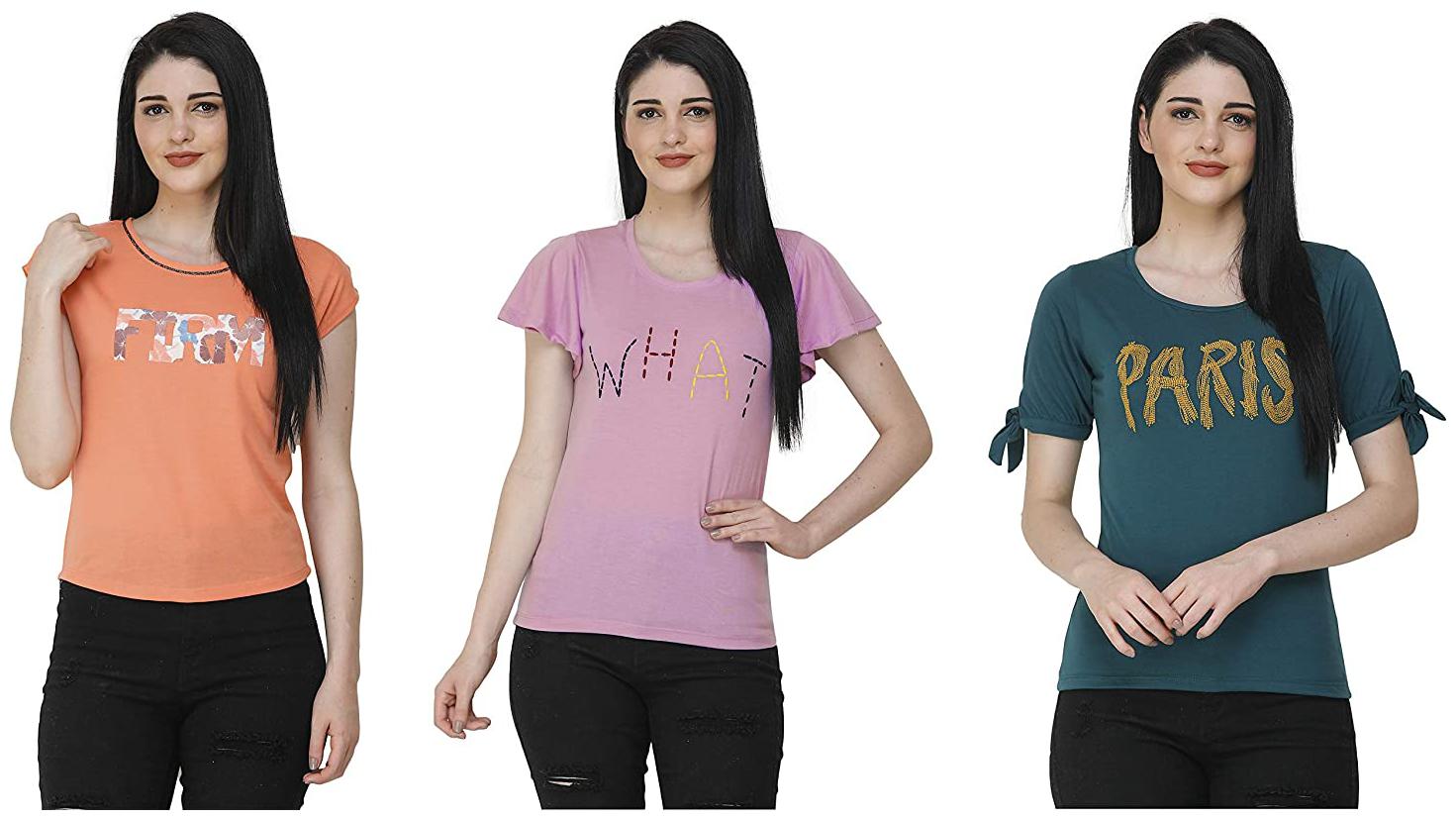 

FASHIVO Women Multi Regular fit Round neck Cotton blend T shirt