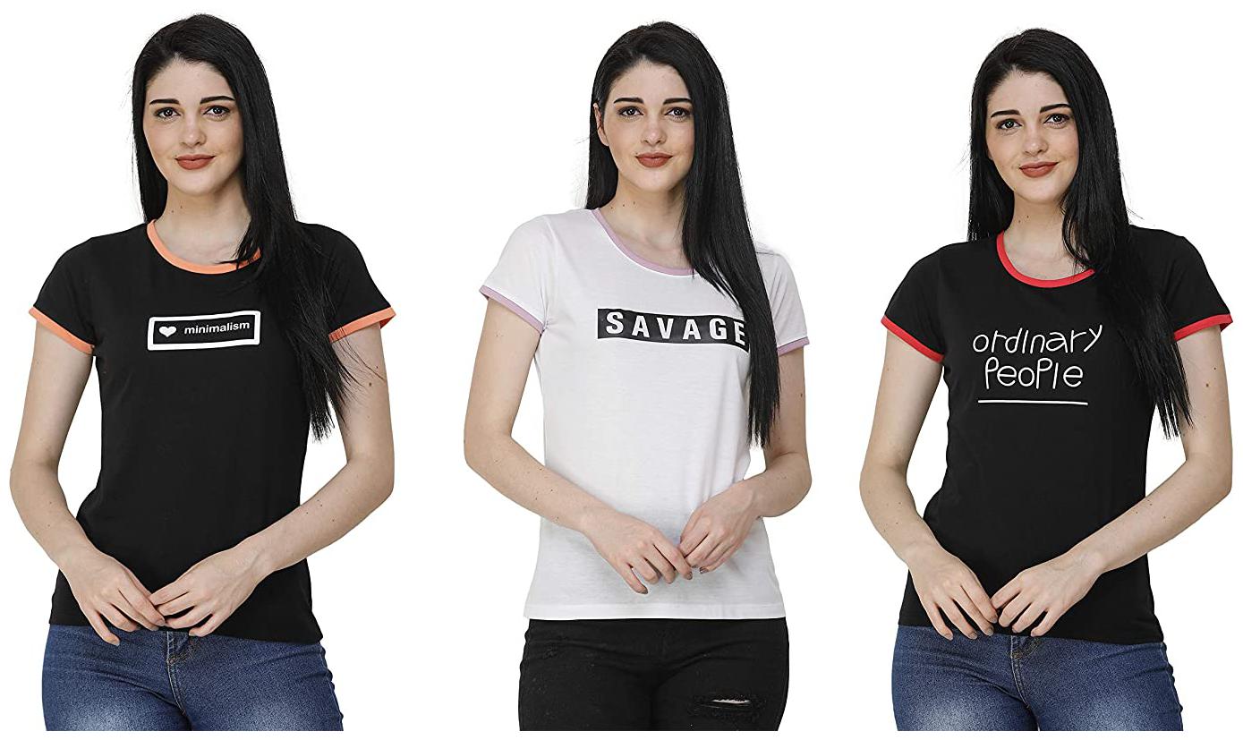 

FASHIVO Women Black White Regular fit Round neck Cotton blend T shirt