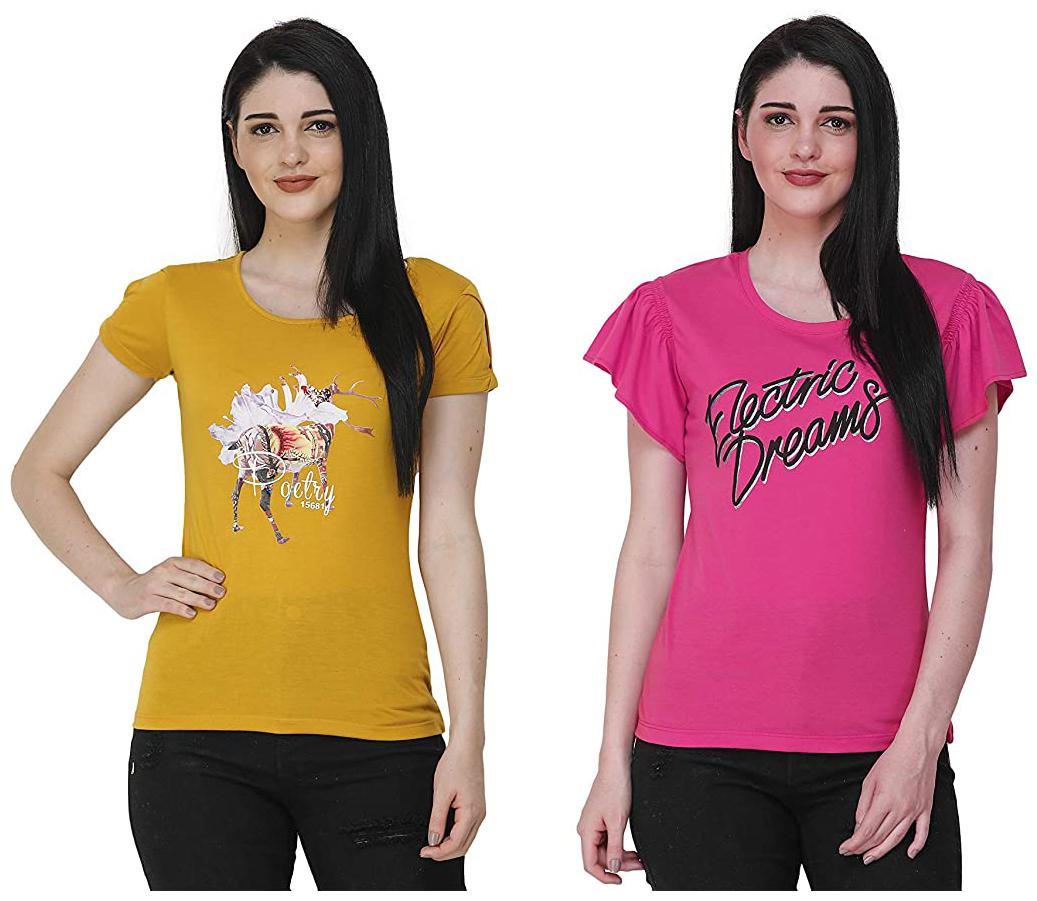 

FASHIVO Women Yellow Pink Regular fit Round neck Cotton blend T shirt