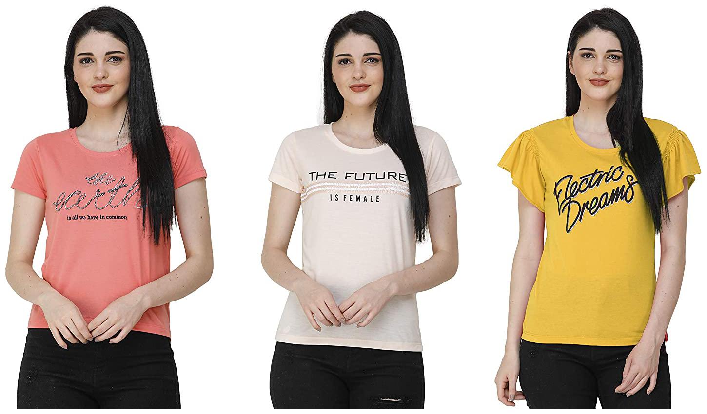 

FASHIVO Women Multi Regular fit Round neck Cotton blend T shirt