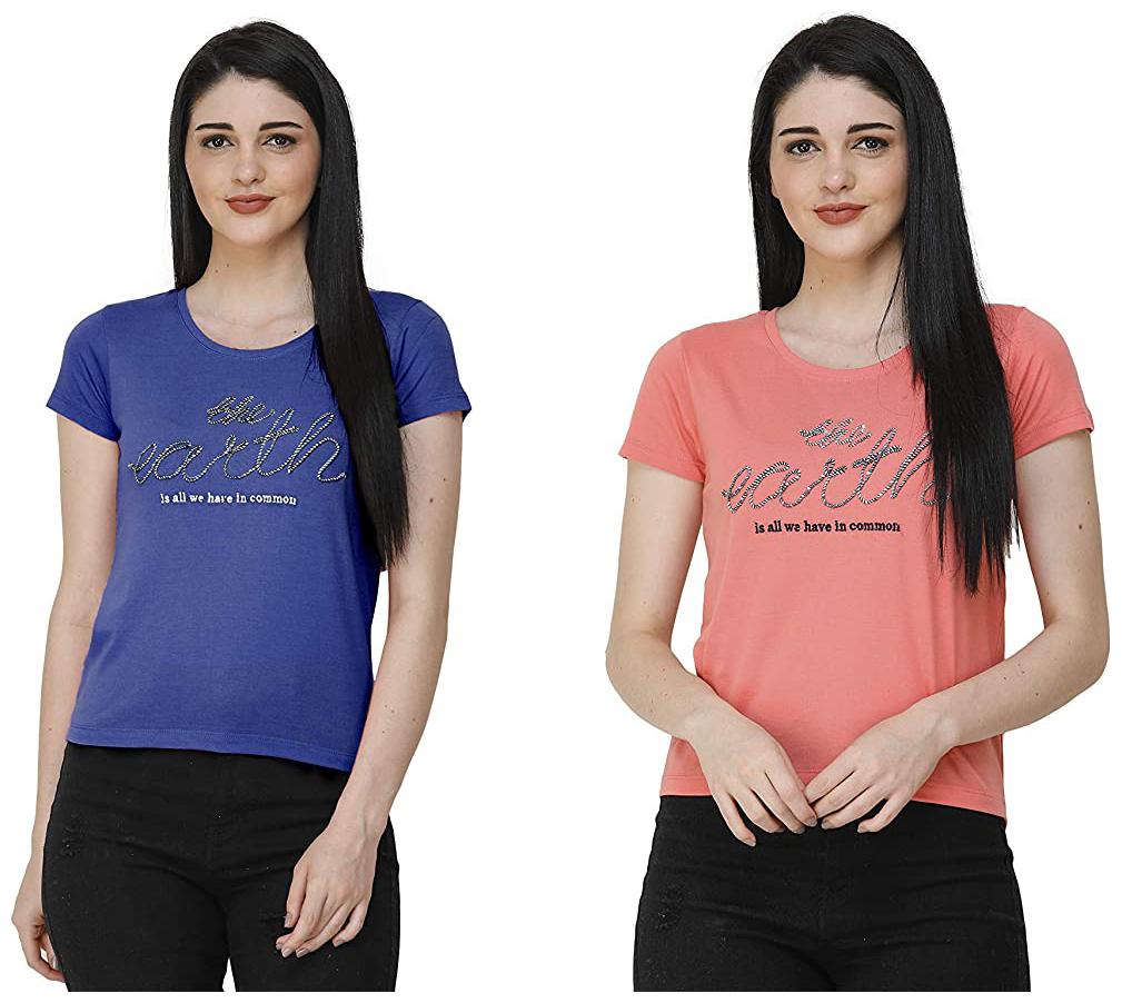 

FASHIVO Women Blue Orange Regular fit Round neck Cotton blend T shirt