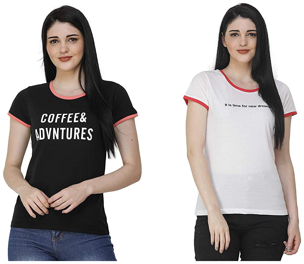 

FASHIVO Women Black White Regular fit Round neck Cotton blend T shirt