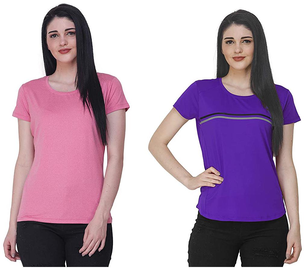 

FASHIVO Women Striped Sports T-Shirt - Pink Blue Pack of 2
