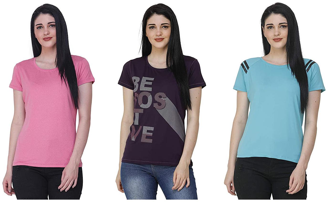 

FASHIVO Women Printed Sports T-Shirt - Multi Pack of 3