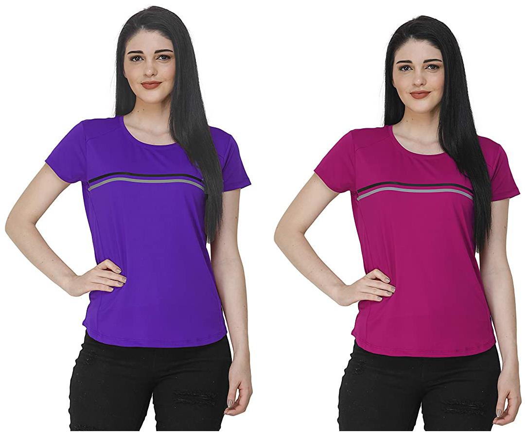 

FASHIVO Women Striped Sports T-Shirt - Blue Pink Pack of 2