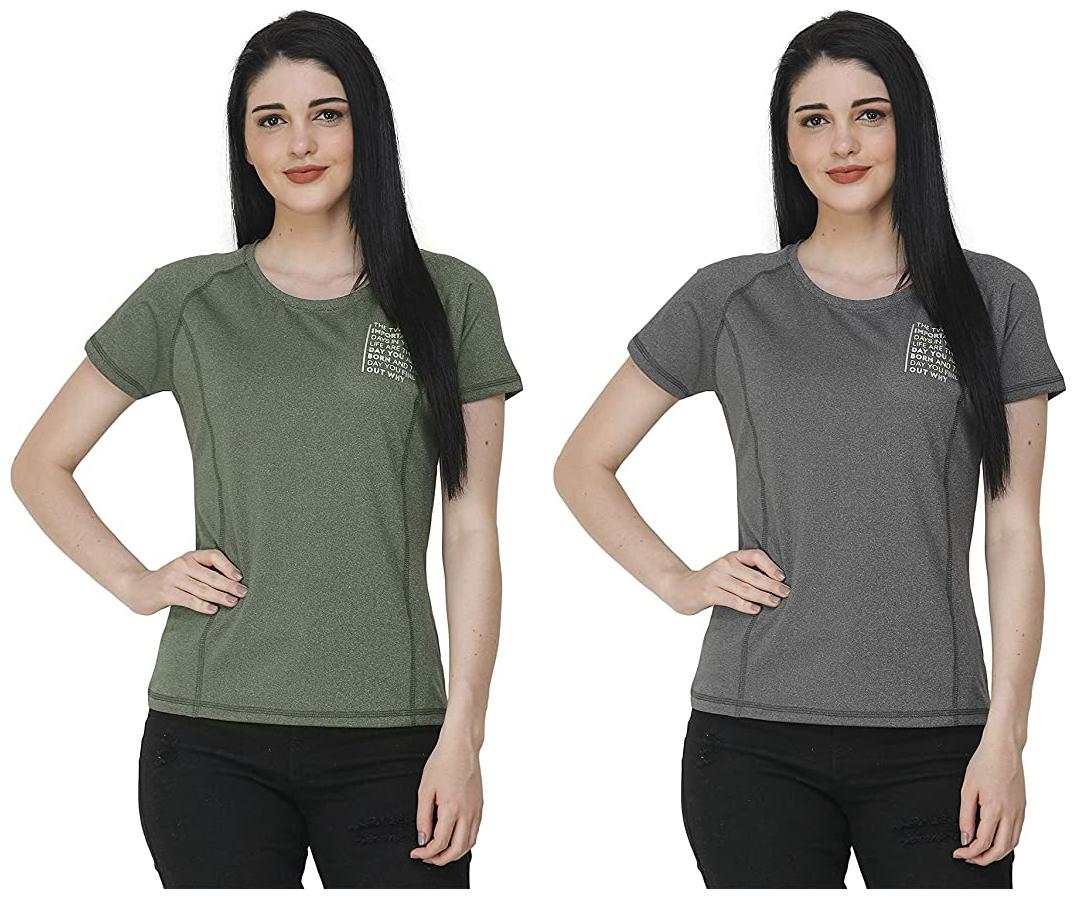 

FASHIVO Women Solid Sports T-Shirt - Green Grey Pack of 2