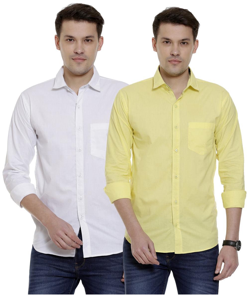 

FASHLOOK Men White Yellow Solid Slim Fit Casual Shirt