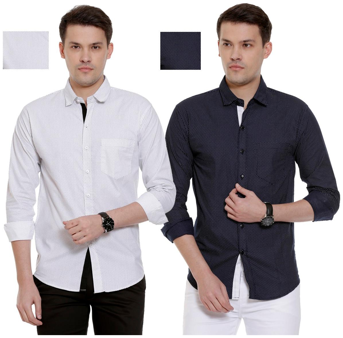 

FASHLOOK Men Blue White Polka Dots Slim Fit Casual Shirt