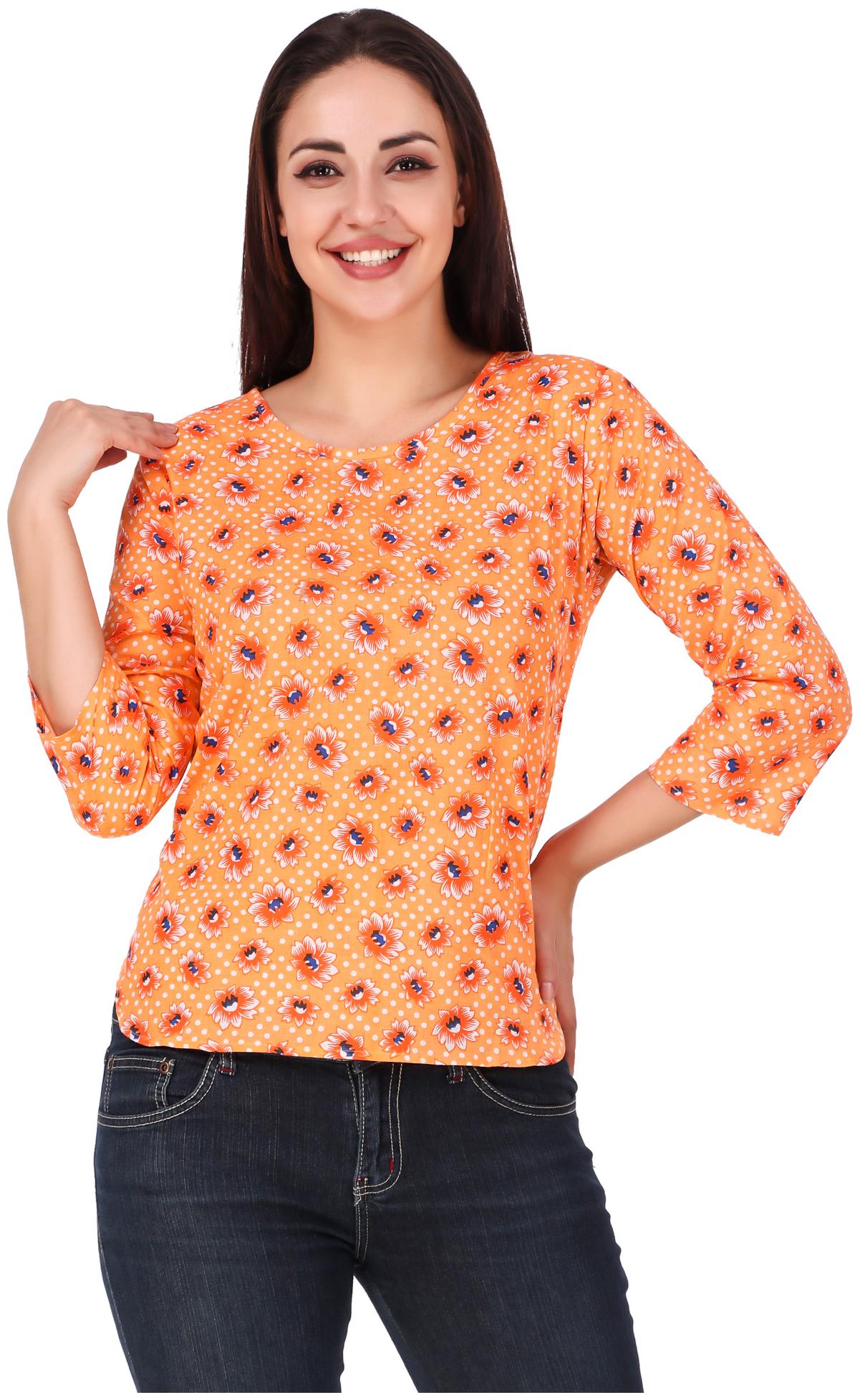 

FASHOPEDIA Women Orange Regular fit Round neck Cotton T shirt