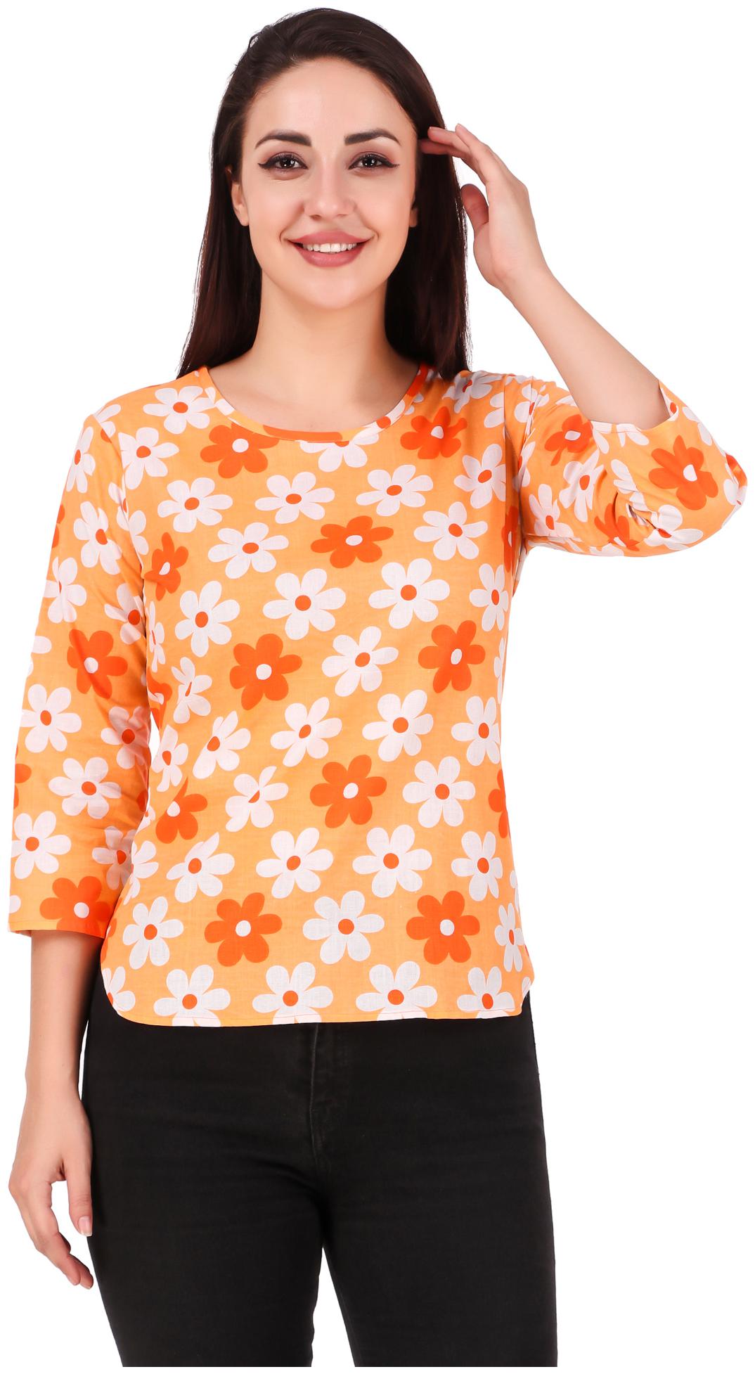

FASHOPEDIA Women Orange Regular fit Round neck Cotton T shirt