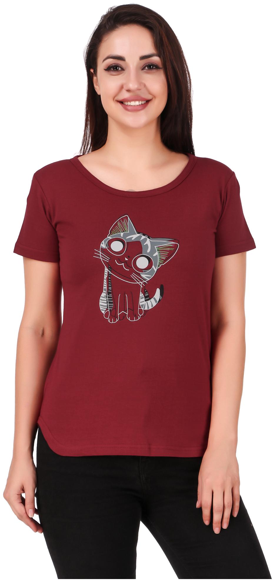 

FASHOPEDIA Women Maroon Regular fit Round neck Cotton T shirt